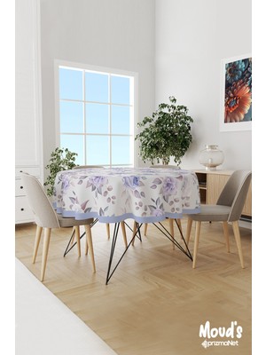 Moud's Açık Lila Gül Desenli Yuvarlak Süet Dertsiz Masa Örtüsü