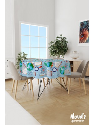 Moud's Mavi Coğrafya Dersi Desenli Yuvarlak Süet Dertsiz Masa Örtüsü