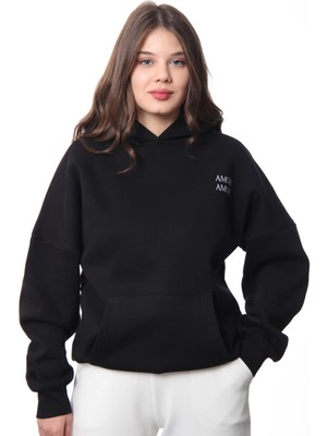 Coredra Amore Oversize Hoodie Kadın - Siyah