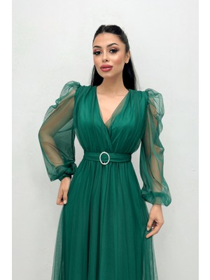 Giyimmasalı Tül Kruvaze Yaka Taş Kemer Detaylı Elbise Zümrüt Yeşil