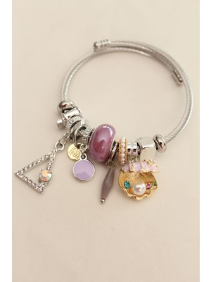 Tua Moda Lila Taşlı Istiridye Içinde Inci Detaylı Charm Bilezik