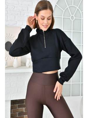 Modkofoni Balıkçı Yaka Fermuarlı Lacivert Kadın Crop Sweatshırt