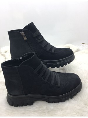 Çiğdem Kundura Çiğdem Gerçek Nubuk Deri Siyah Süs Bağlı Kısa Kadın Bot (B3A)  - Siyah - 37 - ST01460-SİYAH-37