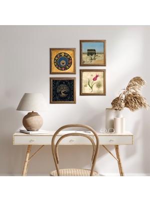 Pinecone Stone Hayat Ağacı, Lale, Kabe-i Muazzama, Nazar Ahşap Çerçeveli Taş Duvar Tablosu 4’lü Set – 25x25 cm Dekoratif Modern Sanat – Ev ve Ofis Dekoru |W4-393|