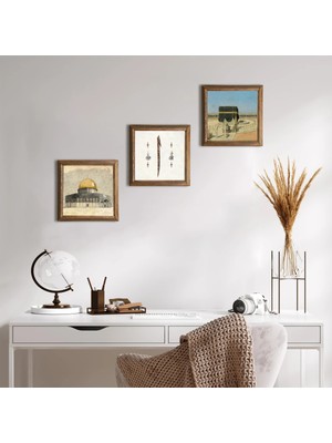 Pinecone Stone Kabe-i Muazzama, Mescid-i Aksa, Elif Ahşap Çerçeveli Taş Duvar Tablosu 3’lü Set – 25x25 cm Dekoratif Modern Sanat – Ev ve Ofis Dekoru |W3-1790|
