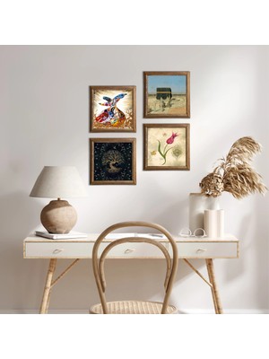 Pinecone Stone Hayat Ağacı, Lale, Kabe-i Muazzama, Semazen Ahşap Çerçeveli Taş Duvar Tablosu 4’lü Set – 25x25 cm Dekoratif Modern Sanat – Ev ve Ofis Dekoru |W4-390|