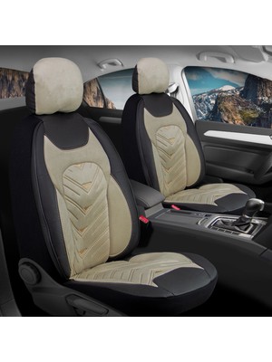 Ack Alfa Romeo Gt Uyumlu Lüks Deri Kadife Oto Koltuk Kılıfı Ön/Arka Set (Prosev) Siyah-Bej