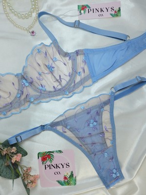 Pinkys Co. Mavi Çiçekli Dantel Brode Transparan Seksi Fantezi Balenli Sütyen Bralet Külot Takımı