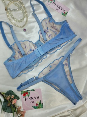 Pinkys Co. Mavi Çiçekli Dantel Brode Transparan Seksi Fantezi Balenli Sütyen Bralet Külot Takımı