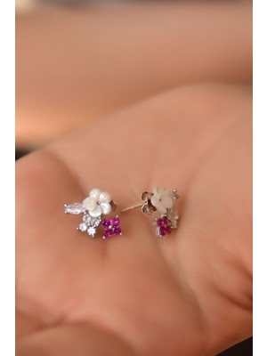 Sinsirella 925 Ayar Gümüş Kaplama Sedef Manolya Fuşya Beyaz Taşlı Yonca Çiçek Küpe