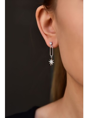 Sinsirella 925 Ayar Gümüş Kaplama Sallantılı Köşesiz Dikdörtgen Tektaş Yıldız Küpe