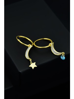 Sinsirella 925 Ayar Gümüş Kaplama Ay Yıldız Halka ve Ay Taşlı Halka Küpe