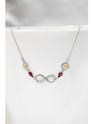 Sinsirella 925 Ayar Gümüş Kaplama Mineli Uğur Böceği Papatya, Zirkon Taşlı Sonsuzluk Kolye