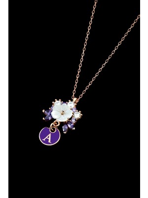 Sinsirella 925 Ayar Gümüş Kaplama Mor Mineli A Harfli Sedef Manolya Çiçeği Kadın Kolye