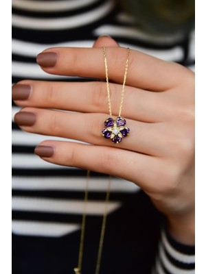 Sinsirella 925 Ayar Gümüş Kaplama Mor Taşlı Mine Çiçeği Kadın Kolye
