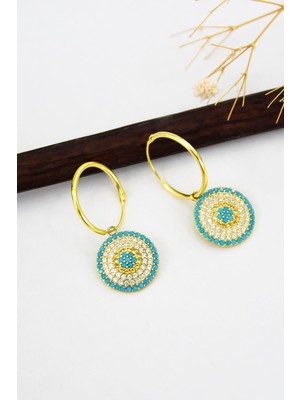 Sinsirella 925 Ayar Gümüş Kaplama Büyük Boy Firuze Nazar Halka Kadın Küpe