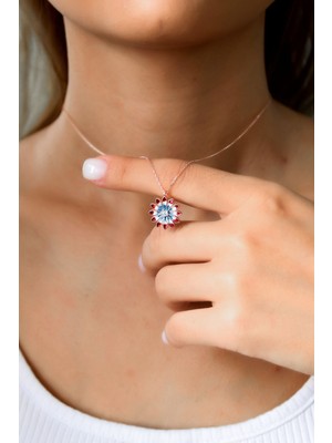 Sinsirella 925 Ayar Gümüş Kaplama Kırmızı Mavi Mineli Papatya Kadın Kolye