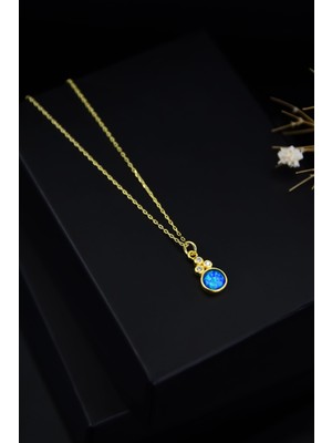 Sinsirella 925 Ayar Gümüş Kaplama Mavi Opal Yuvarlak Kolye