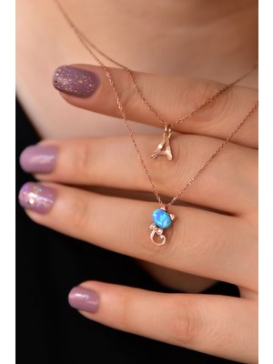 Sinsirella 925 Ayar Gümüş Kaplama Harf ve Opal Taşlı Kedi Asansör Kolye