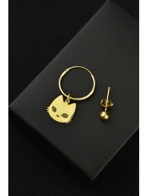 Sinsirella 925 Ayar Gümüş Kaplama Kazıma Kedi Figürlü Halka ve Top Küpe