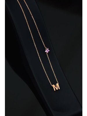 Sinsirella 925 Ayar Gümüş Kaplama Zirkon Taşlı Pembe Yıldız Sallantılı Harf Kolye