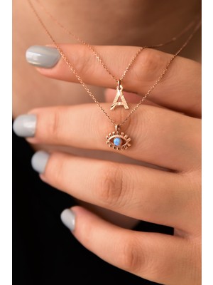 Sinsirella 925 Ayar Gümüş Kaplama A Harf ve Opal Taşlı Göz Asansörlü Kolye