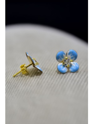 Sinsirella 925 Ayar Gümüş Kaplama Zirkon Taşlı Mavi Mineli Yonca Küpe