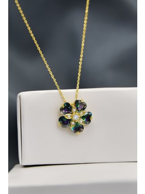 Sinsirella 925 Ayar Gümüş Kaplama Mistik Taşlı Mine Çiçeği Kadın Kolye