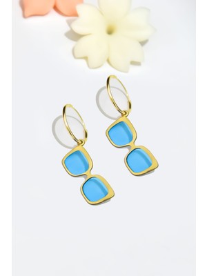 Sinsirella 925 Ayar Gümüş Kaplama Rüya Serisi, Mavi Mineli Vintage Kare Gözlük Küpe