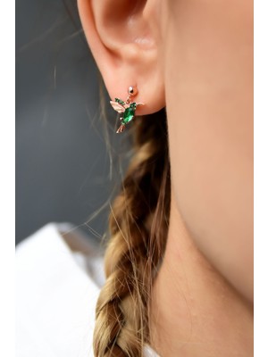 Sinsirella 925 Ayar Gümüş Kaplama Yeşil Taşlı Çivili Kuş Küpe