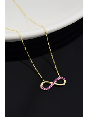 Sinsirella 925 Ayar Gümüş Kaplama Yarım Pembe Taşlı Sonsuzluk Kadın Kolye