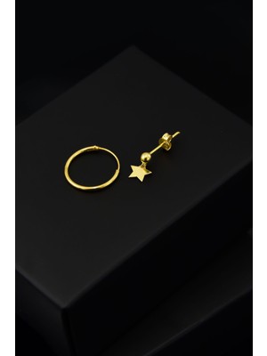 Sinsirella 925 Ayar Gümüş Kaplama Halka ve Yıldız Çivili Top Küpe