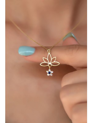 Sinsirella 925 Ayar Gümüş Kaplama Mavi Çiçekli Lotus Çiçeği Kolye