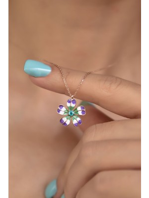 Sinsirella 925 Ayar Gümüş Kaplama Mineli Mavi Tektaş Yonca Kolye