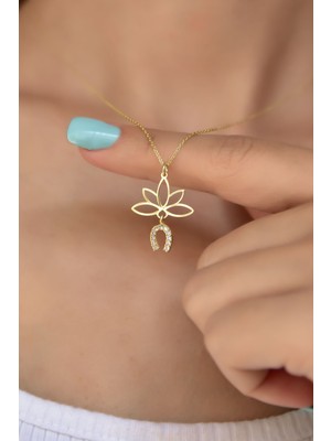 Sinsirella Gümüş Kaplama Taşlı Nal Lotus Çiçeği Kolye 925 Ayar