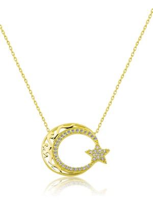 Sinsirella Motifli Ay Yıldız Figürlü Kaplama Nano Zirkon Kolye