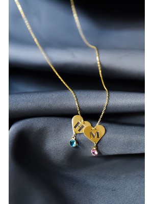 Sinsirella 925 Ayar Gümüş Kaplama Iki Kalpte, Aşkın Harfi Doğum Taşlı Kolyesi