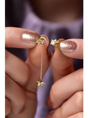 Sinsirella 925 Ayar Gümüş Kaplama Kalemli Zincir Yıldız ve Tektaş Küpe