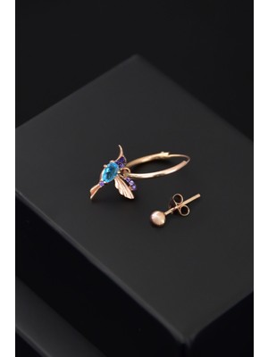 Sinsirella 925 Ayar Gümüş Kaplama Taşlı Kuş Halka ve Top Küpe