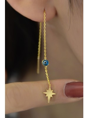 Sinsirella 925 Ayar Gümüş Kaplama Cam Gözlü Kutup Zincir Küpe Tekli