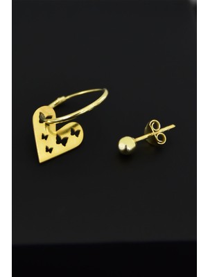 Sinsirella 925 Ayar Gümüş Kaplama Kelebek Motifli Kalp Halka ve Top Küpe