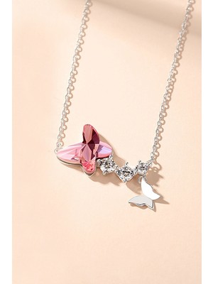 Sinsirella 925 Ayar Gümüş Kaplama Pembe Kelebek Kadın Kolye