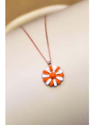 Sinsirella 925 Ayar Gümüş Kaplama Turuncu Beyaz Mineli Papatya Kolye