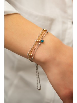 Sinsirella Dört Zincir Dorica Toplu Nazar Gözlü Renkli Kaplama 924 Ayar Gümüş Asansör Bileklik