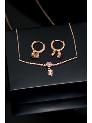 Sinsirella 925 Ayar Gümüş Kaplama Top Motifli Pembe Ay Taşı Yonca Kolye ve Küpe Set