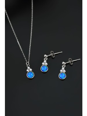 Sinsirella 925 Ayar Gümüş Kaplama Mavi Opal Yuvarlak Kolye ve Çiftli Küpe