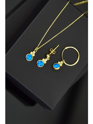 Sinsirella 925 Ayar Gümüş Kaplama Mavi Opal Yuvarlak Kolye, Çivili ve Halka Küpe Set