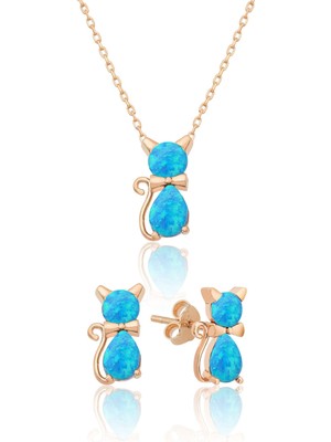 Sinsirella 925 Ayar Opal Taşlı Kedi Gümüş Kadın Küpe Kolye Set Altın