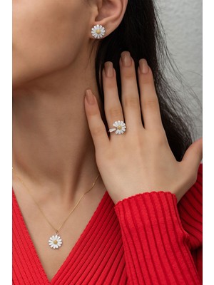 Sinsirella 925 Ayar Gümüş Papatya Set Kaplama Kolye Yüzük Küpe