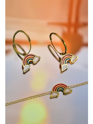 Sinsirella 925 Ayar Gümüş Kaplama Parlayan Rüya Serisi Mineli Gökkuşağı Halka Küpe ve Bileklik Set